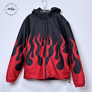 NWT American Stitch Fire Red Flame Hooded Jacket Streetwear Y2K Red Black Men XL